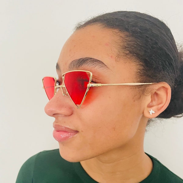 Funky 80s Retro Red Triangle Sunglasses, Vintage Sunglasses, 90s Punk Sunglasses, Boho Hippie Sunglasses, Y2k Unisex Steampunk Sunglasses,