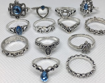 13 Boho Ring Set Silber, Blaue Edelstein Ringe, Elefant Ringe, Valentinstag Ring, Stapelbarer Statement Schmuck, Valentinstag Geschenk Ringe