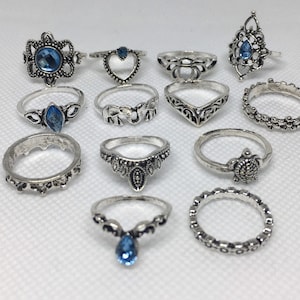 13 Boho Ring Set Silver, Blue Gemstone Rings, Elephant Rings, Valentines Day Ring, Stackable Statement Jewellery, valentine Gift Rings