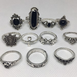 11 Steampunk Ring Set, Black Stone Rings, Boho Hippie Rings, Boho Ring Set Silver, Rings for Women, Halloween Ring, Black Jewelry,