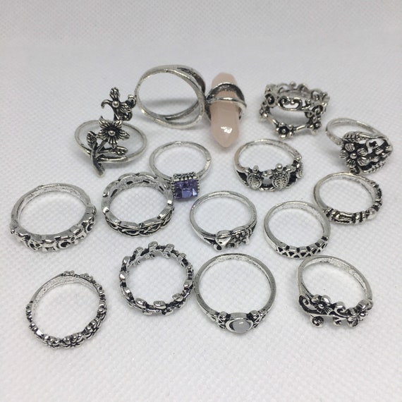 Ring Vintage Etsy Ring Pack, Ring, Rings, of Ring Set 15 Stacking Set, Boho Cottagecore Uk Set, Ring Set, Boho Assorted Ring - Crystal Fashion Midi