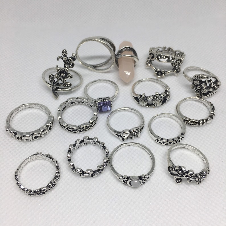 Set of 15 Boho Ring Set, Midi Ring Set, Vintage Crystal Boho Ring Set, Cottagecore Rings, Fashion Stacking Ring, Assorted Ring Pack, Ring Uk image 1