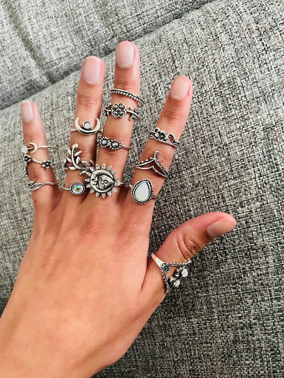 14 Boho Rings Set. Assorted Rings. Vintage Crystal Rings. Stacking