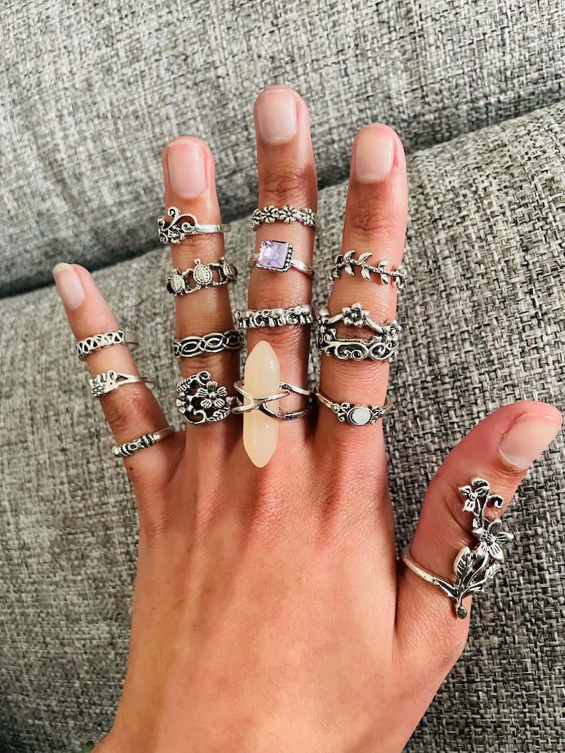 Set of 15 Boho Ring Set, Midi Ring Set, Vintage Crystal Boho Ring Set, Cottagecore Rings, Fashion Stacking Ring, Assorted Ring Pack, Ring Uk image 3