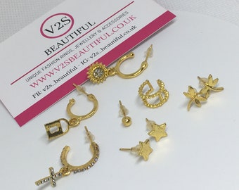 Oorbellen set voor meerdere piercings goud, oorbel set met manchet, kraakbeen oorbellen goud, mini hoepel oorbellen set, tragus oorbellen set UK,
