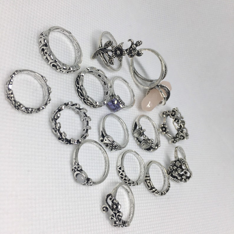 Set of 15 Boho Ring Set, Midi Ring Set, Vintage Crystal Boho Ring Set, Cottagecore Rings, Fashion Stacking Ring, Assorted Ring Pack, Ring Uk image 2