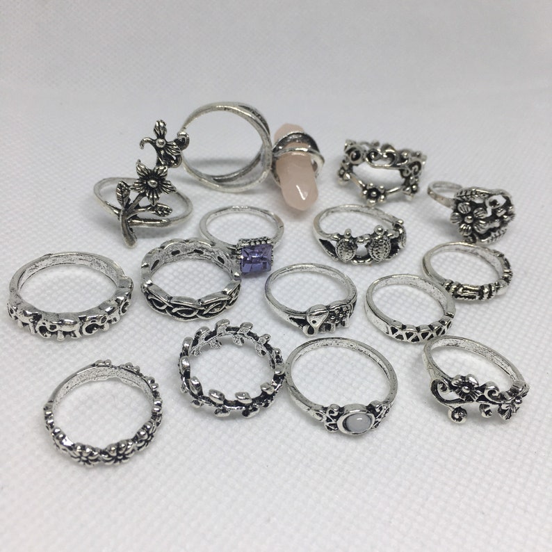 Set of 15 Boho Ring Set, Midi Ring Set, Vintage Crystal Boho Ring Set, Cottagecore Rings, Fashion Stacking Ring, Assorted Ring Pack, Ring Uk image 6