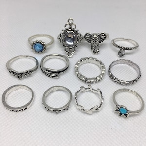 12 Boho Ring Set, Stackable Sliver Rings for Women, Bohemian Blue Statement Jewellery, Hippie Rings, Rhinestone Fashion Rings, Ring Set UK,