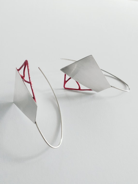 Handmade Sterling Silver Red Enameled Earrings: Contemporary Design