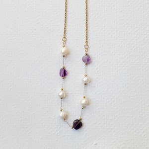 Necklace long necklace in stainless steel, natural Amethyst pearls and cultured pearls, woman, Boho chic