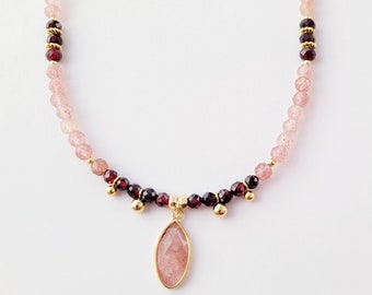 Collier de perles fines Grenat, Quartz, pendentif Rhodochrosite, femme, cadeau, boheme chic