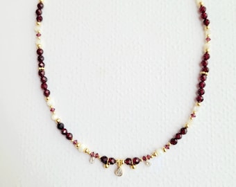 Necklace of semi-precious natural pearls Garnet, Mother-of-pearl and zircons, woman, Boho chic, gift