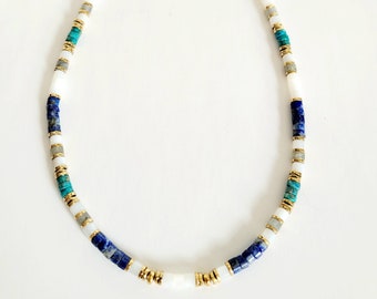 Natural heishi bead necklace, surfer woman, Lapis lazuli, Labradorite, Mother-of-pearl and Pyrite