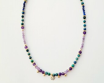 Necklace of semi-precious pearls, Amethyst, Chrysocolla and Lapis lazuli, woman, Boho chic, lithotherapy, gift