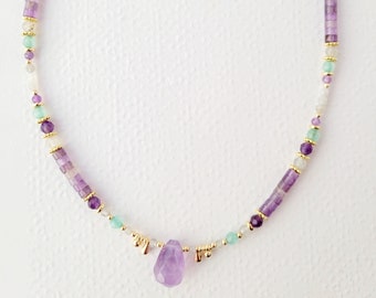 Amethyst, Labradorite and Jade natural pearl necklace, woman, Boho chic, gift