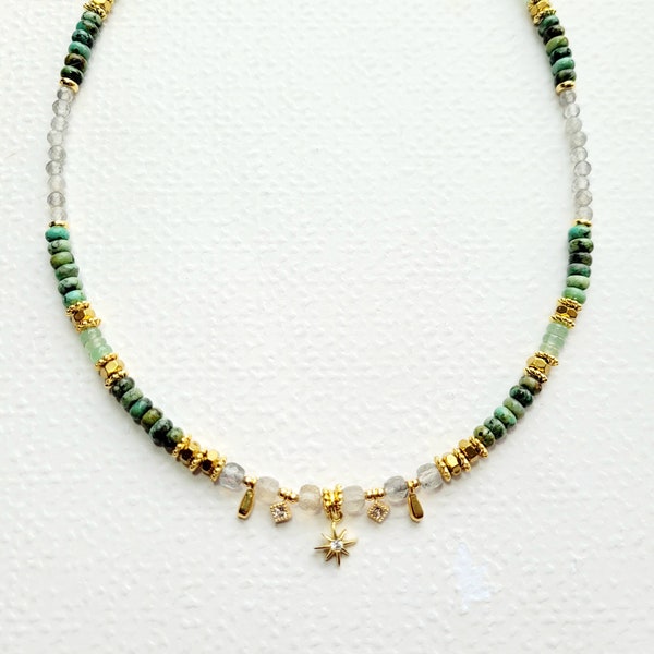 Collier en perles naturelles Turquoise Africaine, Labradorite et Aventurine, femme, Bohème chic