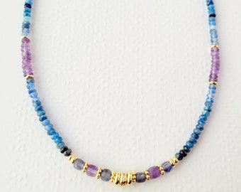 Semi-precious pearl necklace Iolite, Kyanite, Amethyst, woman, gift, Boho chic