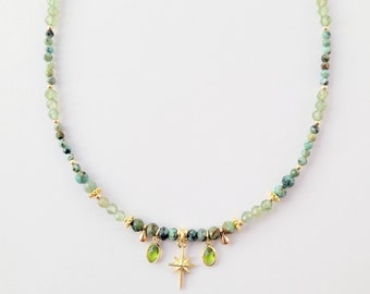 Collier de perles naturelles, Turquoise Africaine et Apatite, femme, Bohème chic, cadeau