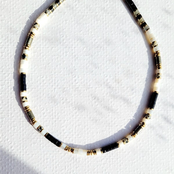 Collier de perles heishi naturel, Nacre,  Onyx, Pyrite et Jaspe, femme, Bohème chic, cadeau