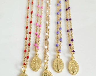 Enamelled stainless steel chain necklace, 18k gold-plated miraculous medal