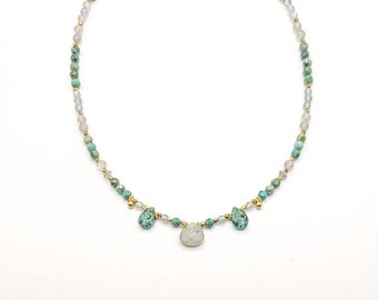 Semi-precious pearl necklace, Labradorite and African Turquoise, Boho Chic, Women's, Gift, Lithotherapy