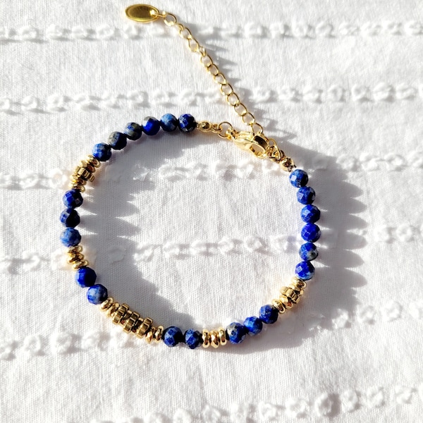 Bracelet en perles naturelles, Lapis lazuli, lithothérapie, femme, Bohème chic, cadeau