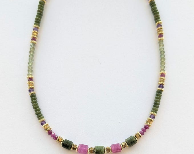 Collier Vintage En Améthyste, Jade Et Quartz - Pierres Naturelles - Occasion Unique