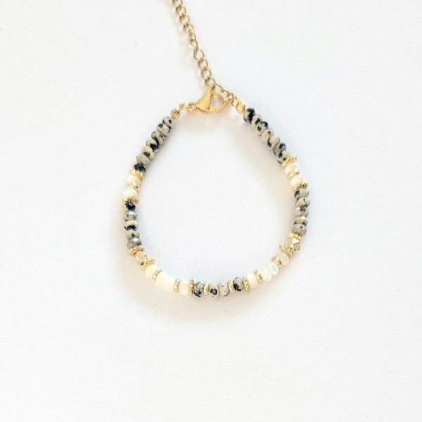 Natural pearl bracelet, Dalmatian Jasper and Mother-of-pearl, women, boho chic, gift