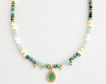 Collier de pierres naturelles, Turquoise Africaine, Nacre et Jade de Malaisie, femme, Bohème chic, cadeau