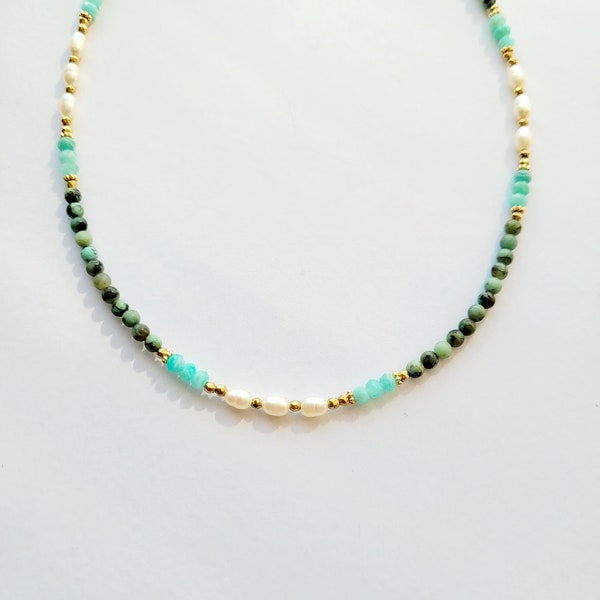 Natural pearl necklace African Turquoise, Amazonite, Freshwater pearls, woman, Boho chic