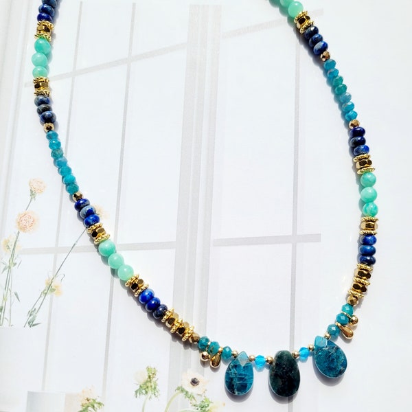 Collier en perles semi précieuses Apatite, Amazonite et Lapis lazuli, femme, Bohème chic, lithothérapie