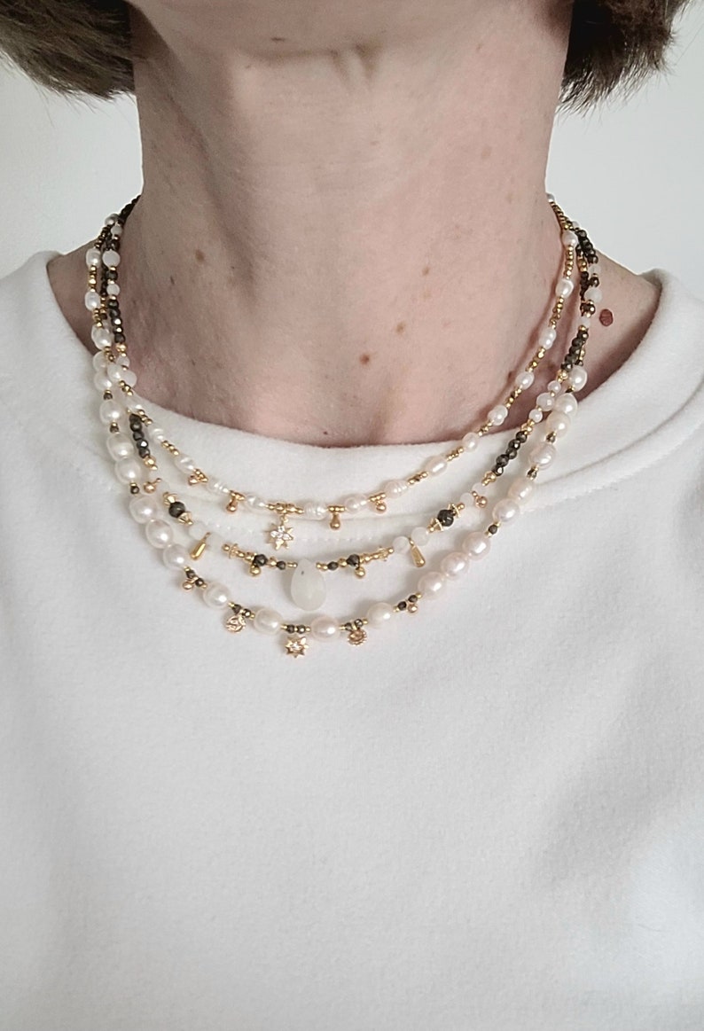 Collier ras du cou, perles naturelles d'eau douce, pendentif zircon, femme, Bohème chic, cadeau image 5