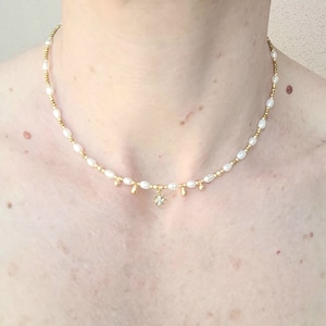Collier ras du cou, perles naturelles d'eau douce, pendentif zircon, femme, Bohème chic, cadeau image 4