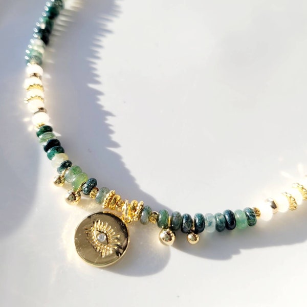 Collier de perles Agate Mousse, Jade, pendentif mauvais oeil, femme, boheme chic