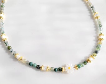 Necklace of natural pearls Agate Moss and Nacre, woman, Boho chic, lithotherapy