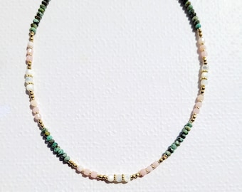 Collier ras du cou en perles naturelles, Opale, Nacre et Turquoise Africaine, femme, Bohème chic, cadeau