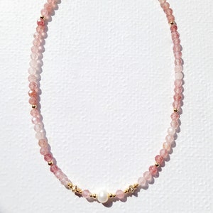 Natural pearl necklace, strawberry quartz and freshwater cultured pearl, woman, Boho chic