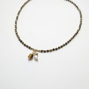 Natural pearl necklace, Tiger&#39;s Eye and freshwater cultured pearl, women, boho chic