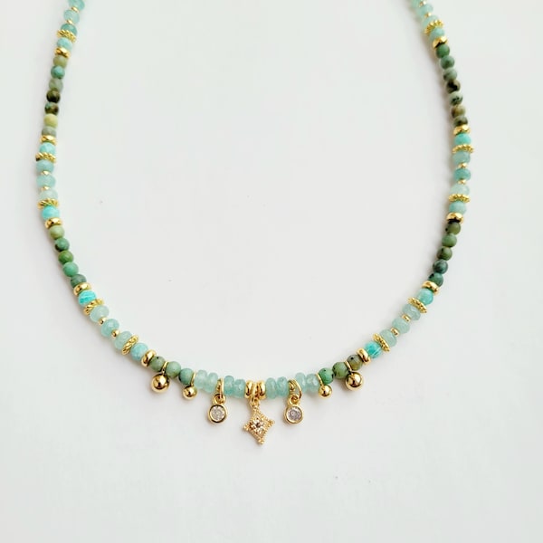 Collier De Perles En Turquoise Naturelle Africaine - Longueur 18 Pouces - Plaqué Argent - Neuf