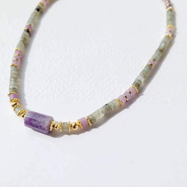 Collier en perles semi précieuses Lepidolite,Labradorite et Jade, femme, boheme chic, lithothérapie, cadeau