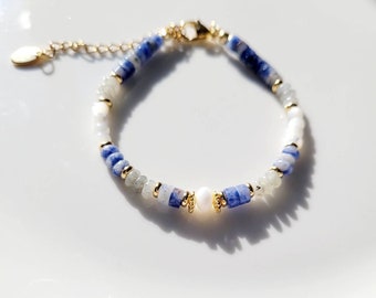 Bracelet perles naturelles Sodalite, Labradorite, Jaspe, coquillage nacre, femme, boheme chic, cadeau