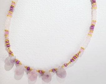 Necklace of natural Lepidolite, Quartz and Jade pearls, woman, Boho chic, lithotherapy, gift