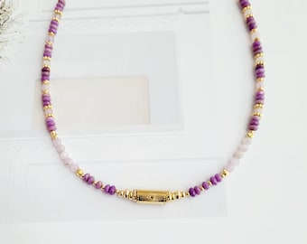 Collier de perles semi précieuses, Lépidolite naturelle, femme, Bohème chic, cadeau, lithotherapie