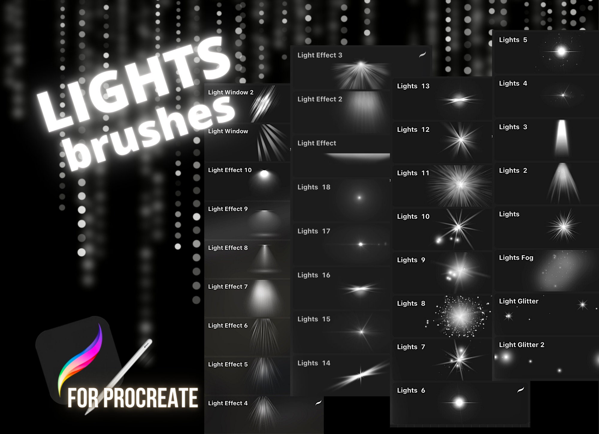 Set de pinceles Procreate Light & Sparkle – 33 sellos de Glow, Glitter, Shine y Estrellas para iPad