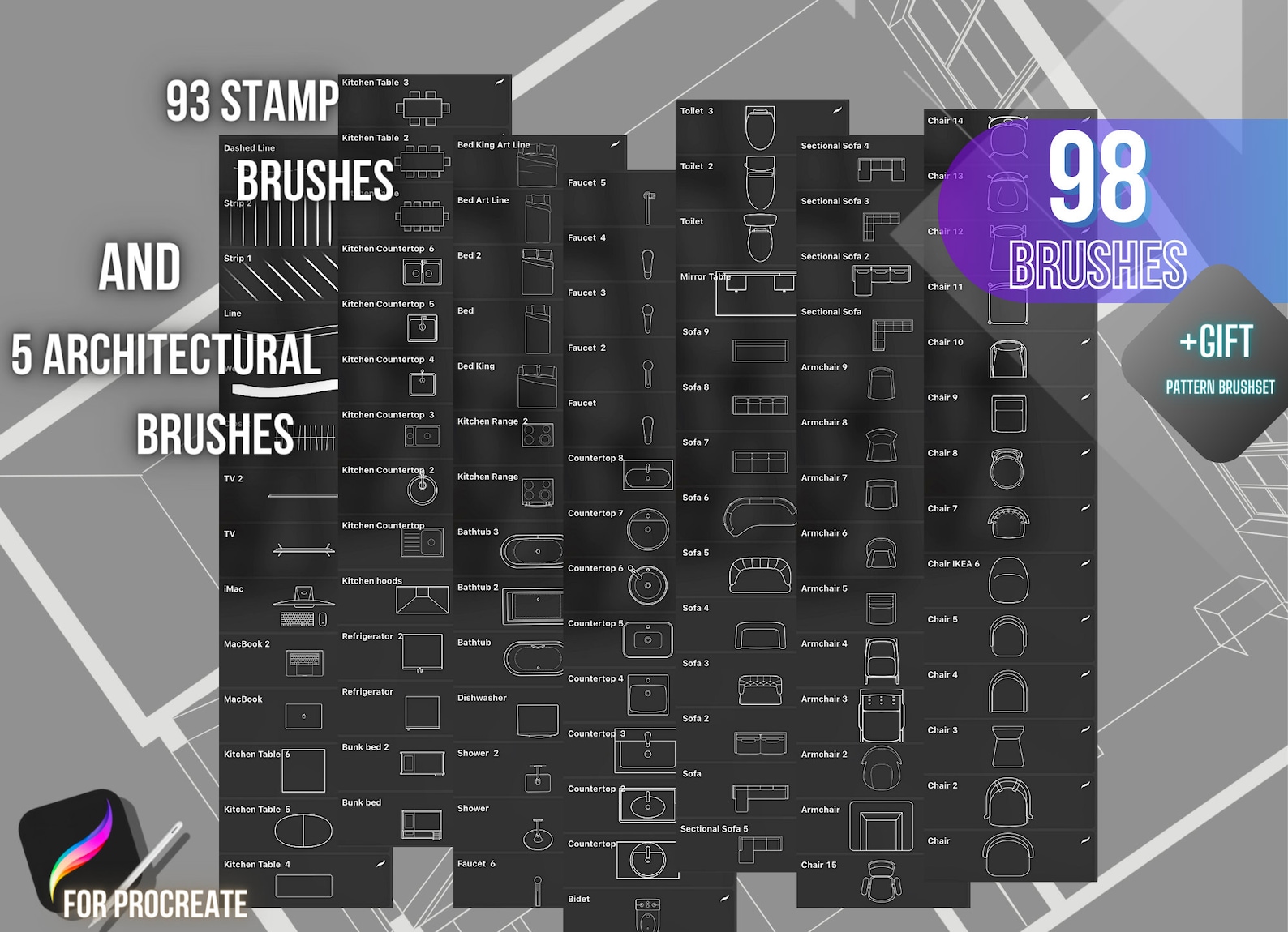98 Architectural Brushes for Procreate, Sketch Brushes, Interior Stamps