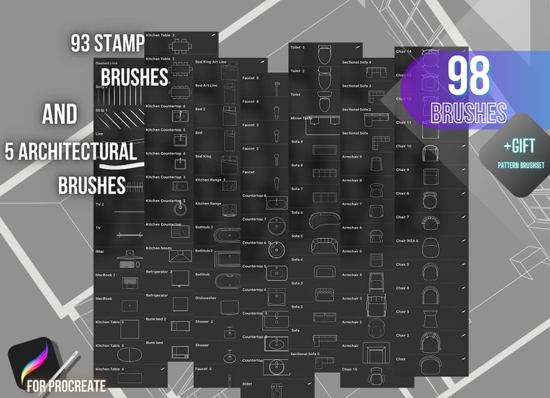 98 Architectural brushes for Procreate, sketch brushes, Interior Stamps for Procreate, floor planning, Stencils for Procreate, design home image 2