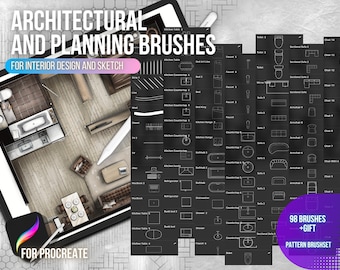 98 Pennelli architettonici per Procreate, pennelli da schizzo, timbri per interni per Procreate, progettazione di pavimenti, stencil per Procreate, design per la casa