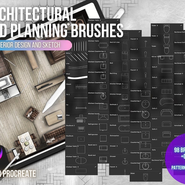 98 Architectural brushes for Procreate, sketch brushes, Interior Stamps for Procreate, floor planning, Stencils for Procreate, design home