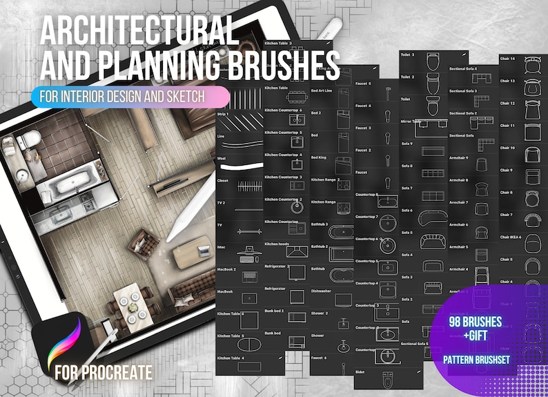 98 Architectural brushes for Procreate, sketch brushes, Interior Stamps for Procreate, floor planning, Stencils for Procreate, design home image 1