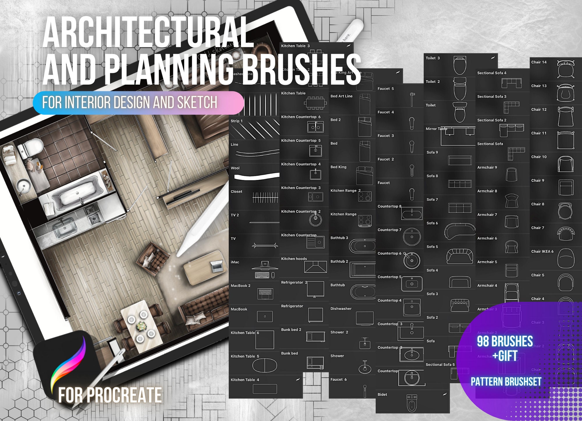 98 Architectural Brushes for Procreate – Sketch, Floor Plan, Interior Design Stamps & Stencils